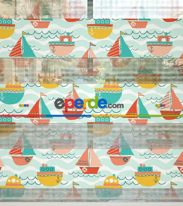 Bebek Odası Zebra Perde - Gemi Desenli Baskılı Zebra Perde-  Çok Renkli 2