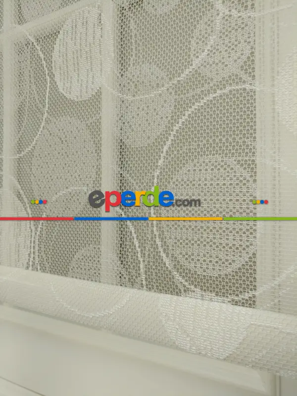 Jakar Örme Tül- Ekru Çiftli Sistem Dantel Desenli Perde- Ekru