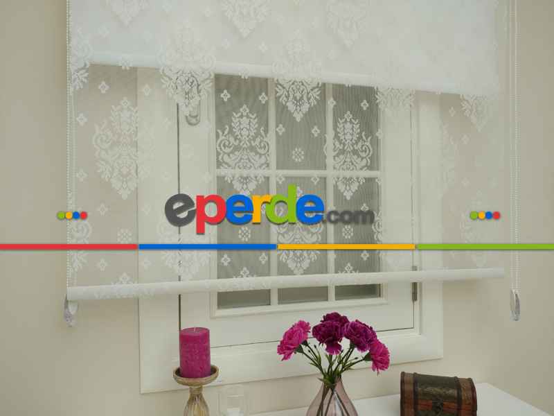 Jakar Örme Tül- Ekru Çiftli Sistem Dantel Desenli Perde- Ekru