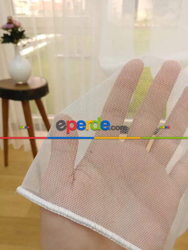 Ekru Renk Petek Zemin Düz Tül Perde Dökümlü- Ekru