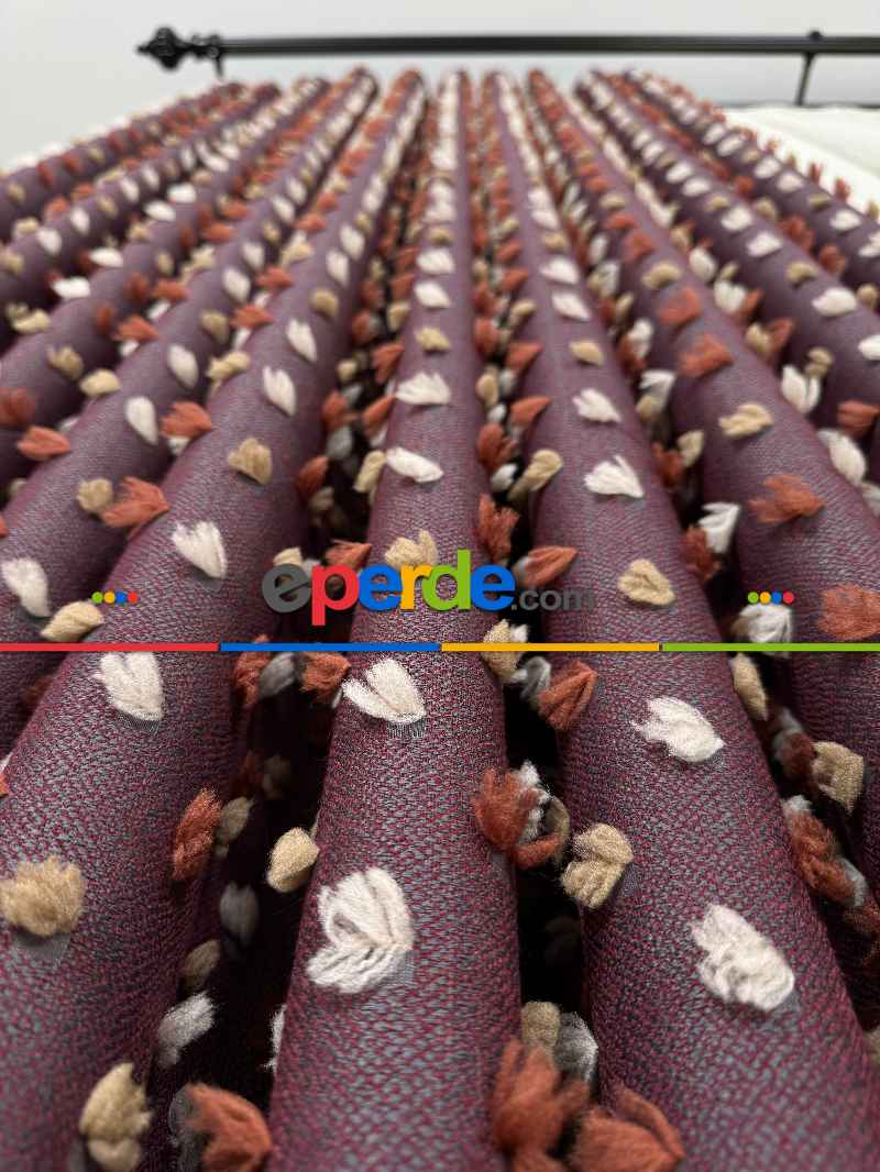 Oturma Odası - Bordo Ponponlu Jakar Dokuma, Premium Kalite Serisi Fon Perde