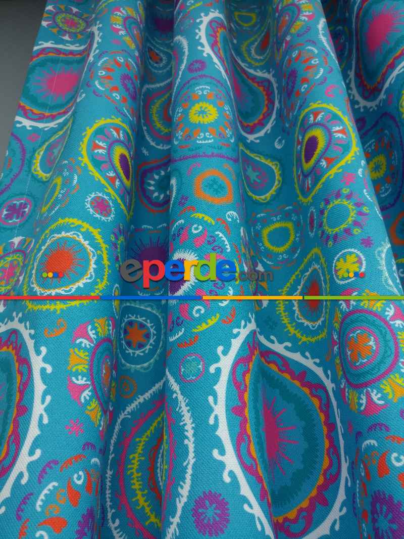 Osmanlı Mutfak Perdesi Kanat Fon Perde Desenli- Mavi