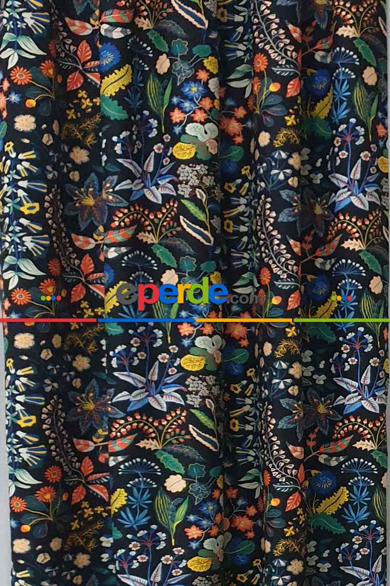 Mavi Çiçek Desenli Fon Perde Evm624 Kumaşı Kalındır Duck Bezi Değildir- Siyah-Mavi-Beyaz-Çok Renkli