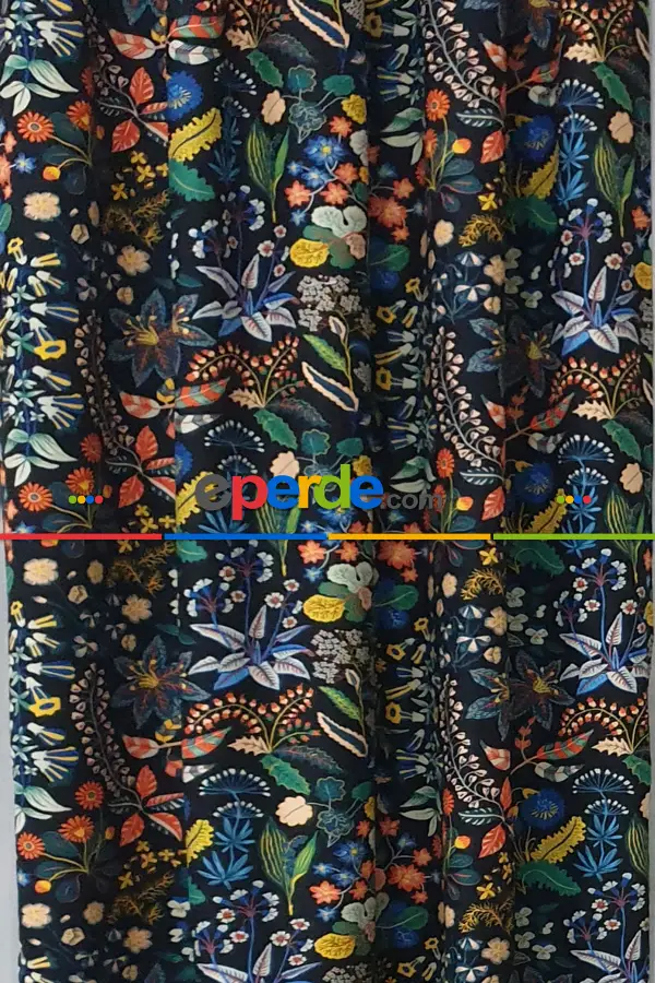 Mavi Çiçek Desenli Fon Perde Evm624 Kumaşı Kalındır Duck Bezi Değildir- Siyah-Mavi-Beyaz-Çok Renkli