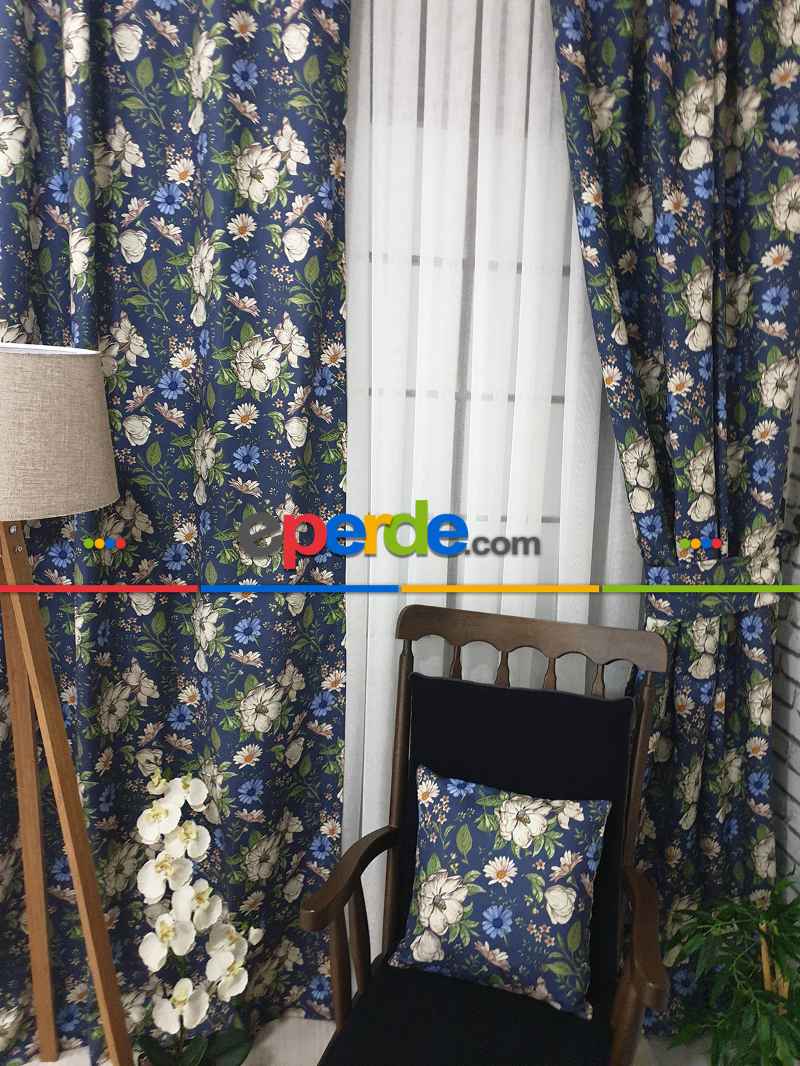 Salon Fon - Çiçek Desenli Fon Perde Evm1073 Kumaşı Kalındır Duck Bezi Değildir