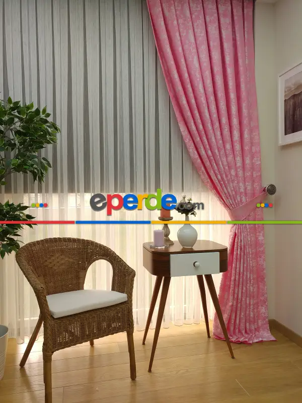 Pembe Renk Jakar Desenli Fon Perde- Şeker Pembe