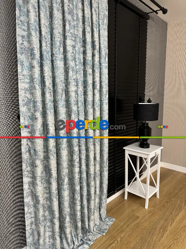 Yatak Odası - PatineDesenli Petrol Turkuaz Yeşil Desenli Jakar Fon Perde (180)- Antrasit