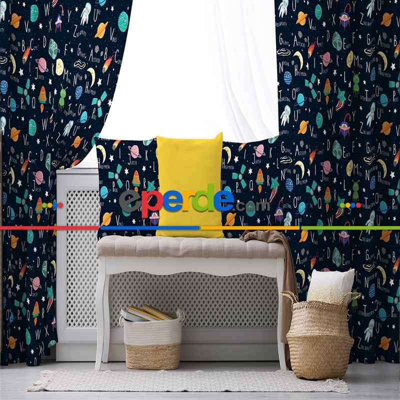 Uzay Desenli Fon Perde Evim833 Kumaşı Kalındır Duck Bezi Değildir- Mavi-beyaz