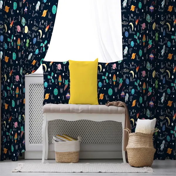 Uzay Desenli Fon Perde Evim833 Kumaşı Kalındır Duck Bezi Değildir- Mavi-beyaz