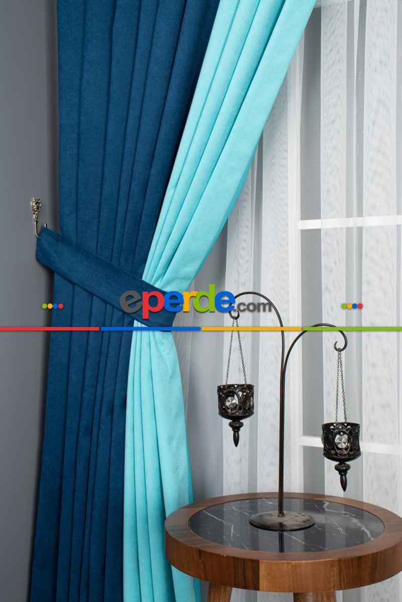 Yatak Odası - Petrol Mavi - Turkuaz Kombinli Fon Perde