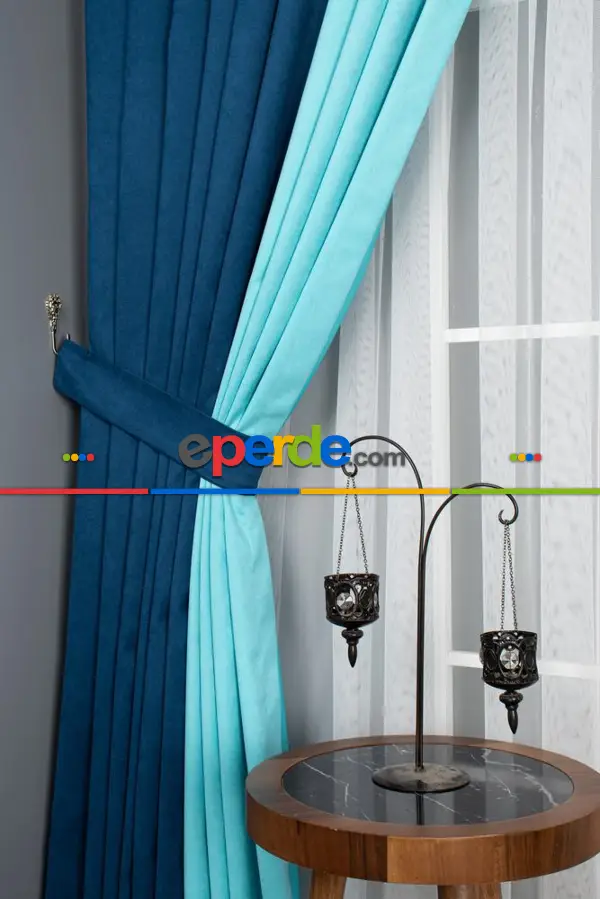 Yatak Odası - Petrol Mavi - Turkuaz Kombinli Fon Perde