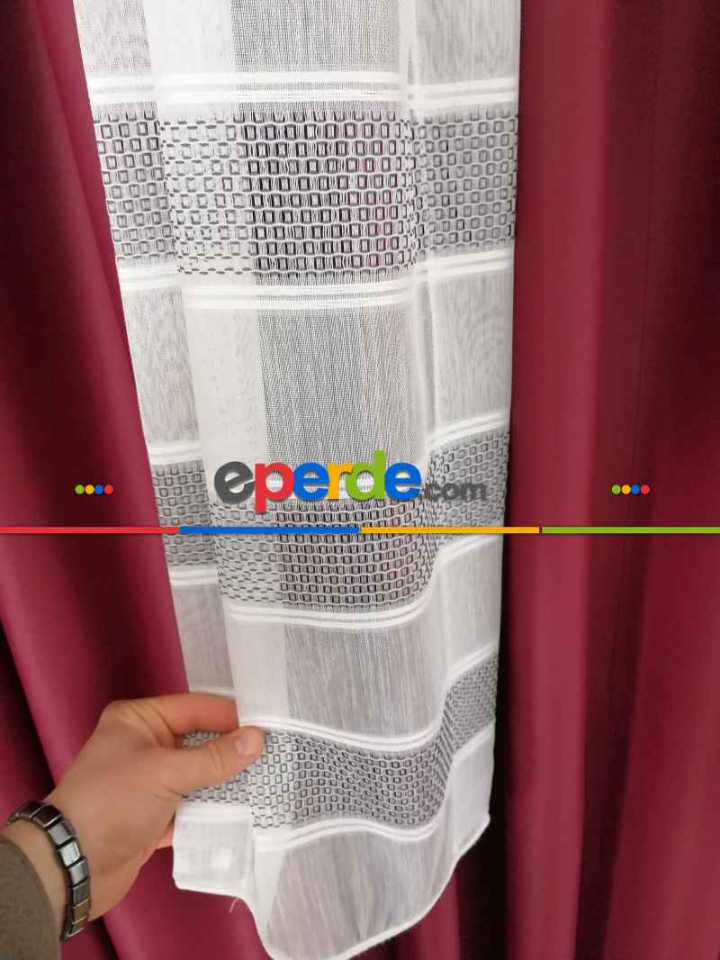 Oturma Odası - Bambu Vakko Enine Bantlı Tül Gri