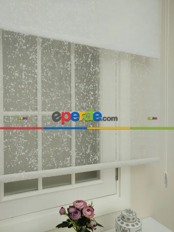 Jakar Örme Tül- Ekru Çiftli Sistem Dantel Desenli Perde- Ekru