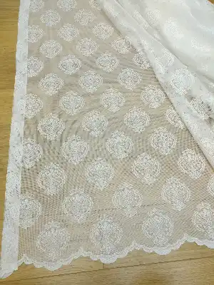 Serpme Damask Desen Salon Fransız Dantel Tül Perde & Kruvaze Perde- Ekru Bt-546