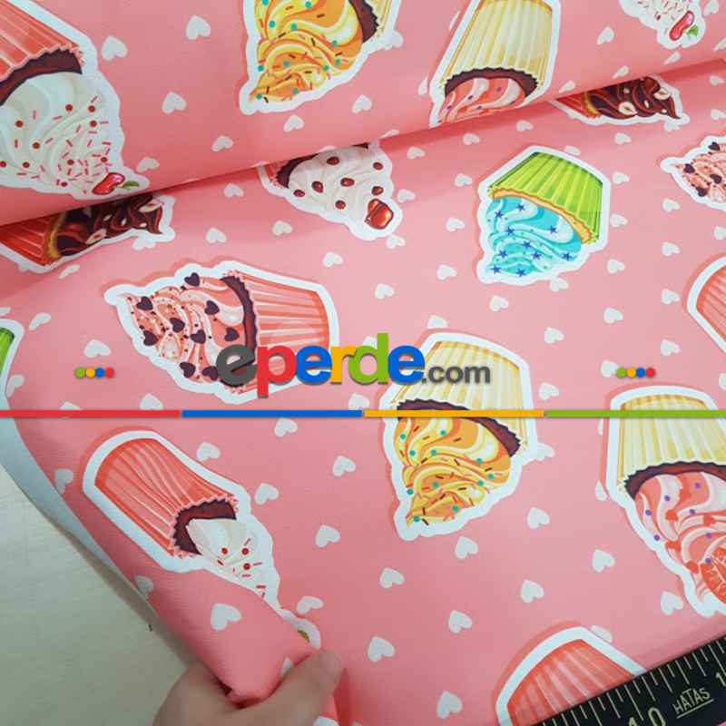 Cupcake Desenli Fon Perde K115 Kumaşı Kalındır Duck Bezi Değildir- Pembe