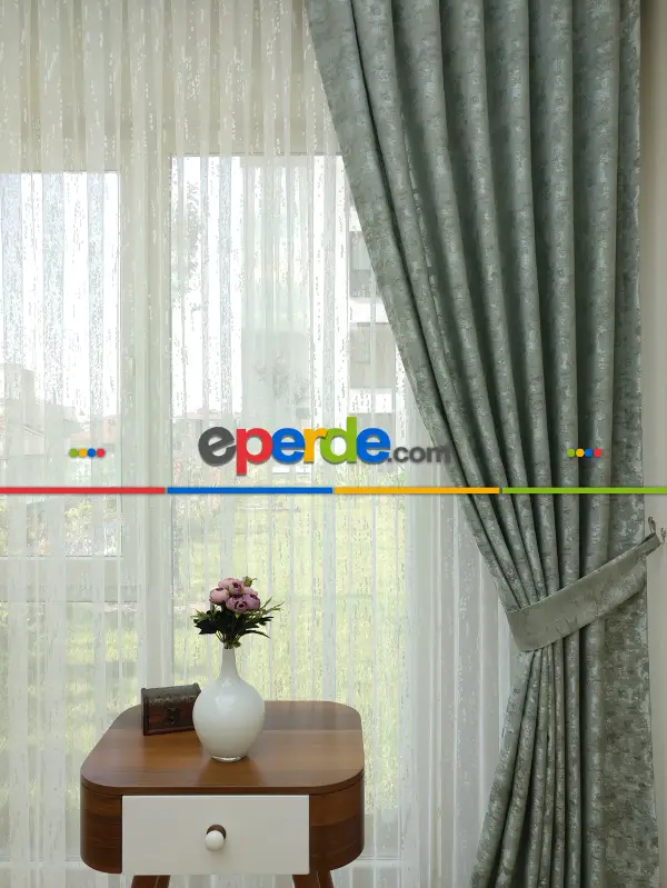 Patine Desenli Mint - Katyonik Jakar Fon Perde- Mint