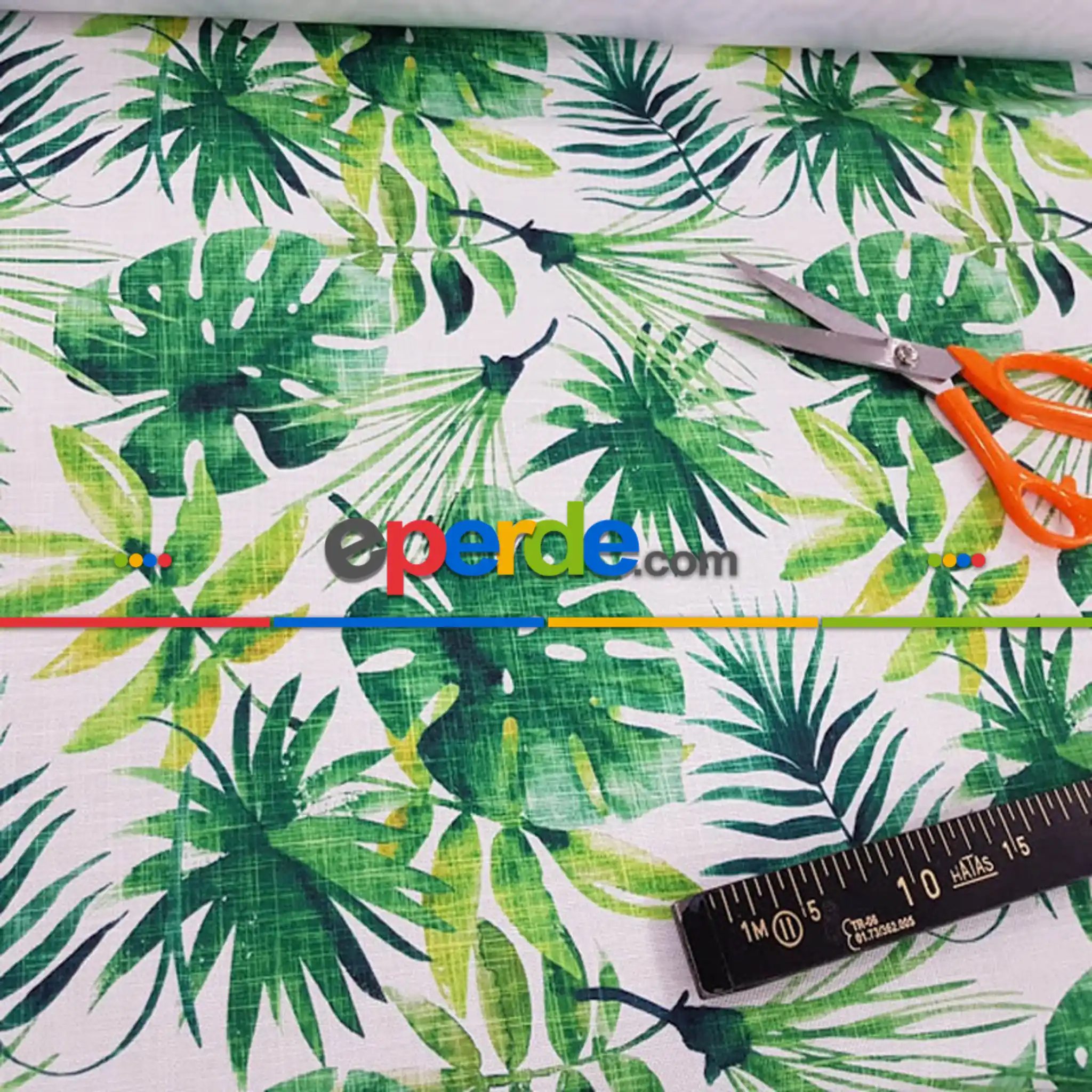 Salon Fon - Tropikal Yaprak Desenli Fon Perde Evm1121 Kumaşı Kalındır Duck Bezi Değildir- Yeşil-Beyaz