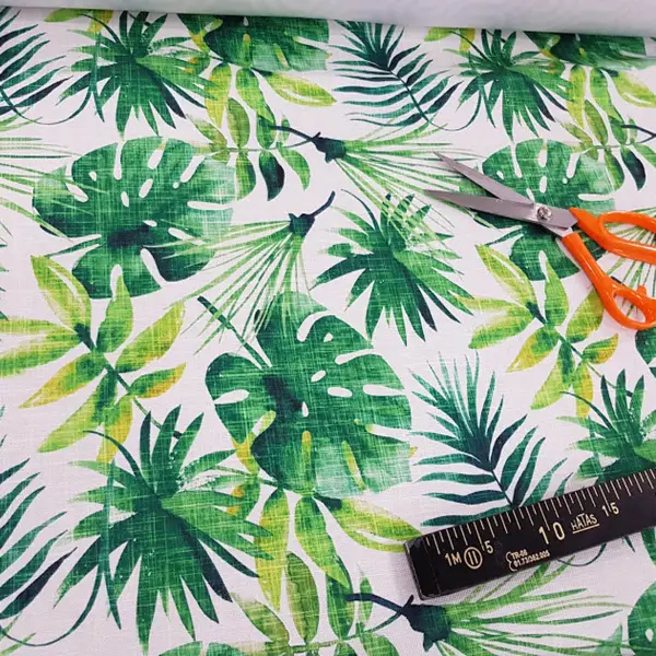 Salon Fon - Tropikal Yaprak Desenli Fon Perde Evm1121 Kumaşı Kalındır Duck Bezi Değildir- Yeşil-Beyaz