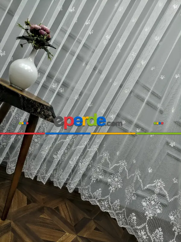 Salon Tül Perde - Grek Brode İşlemeli Yüksek Nakış Kaliteli Yeni Sezon Ürün- Ekru