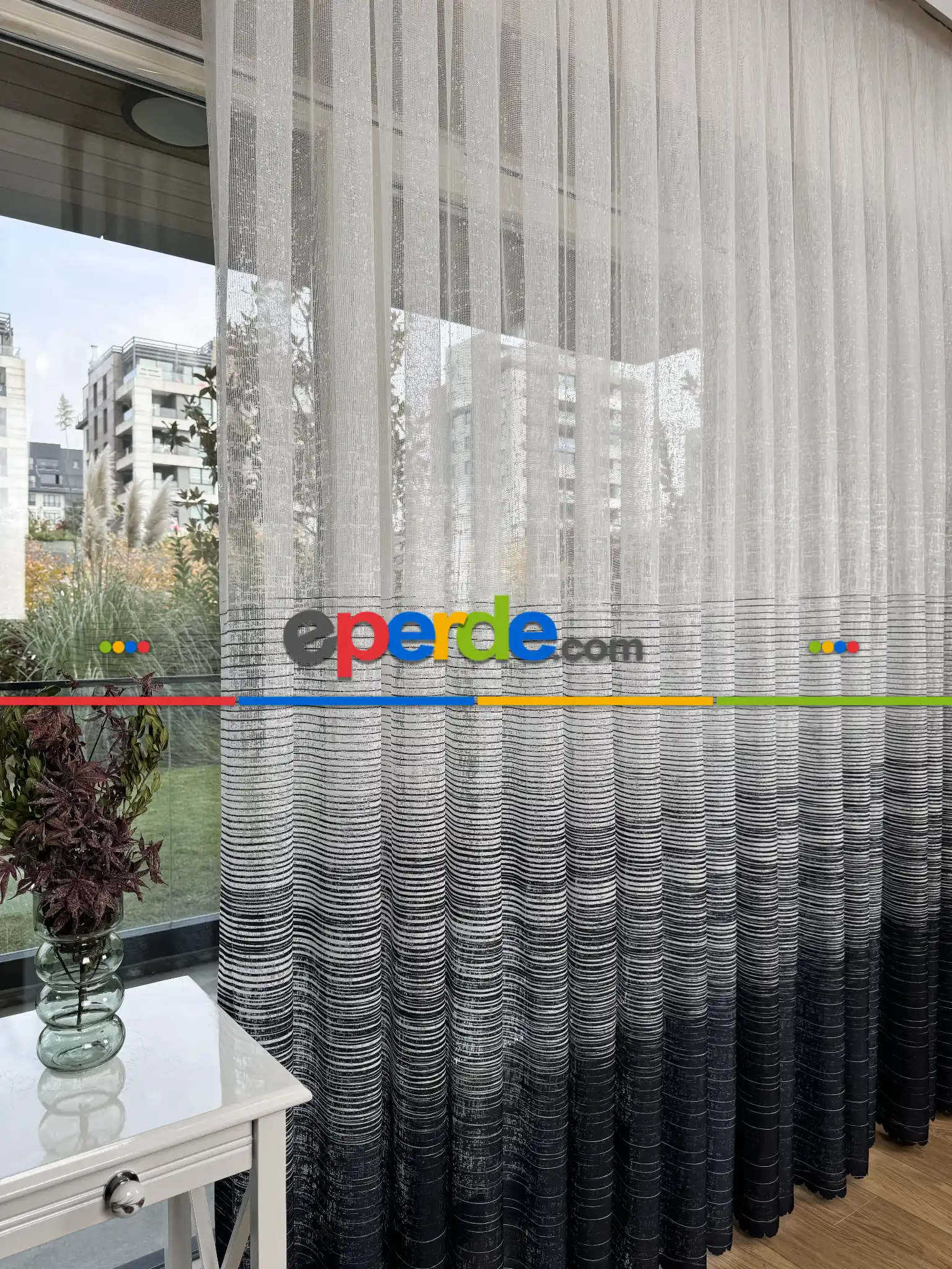 Siyah Beyaz Çizgili Degrade Geçişli Tül Perde, Fransız Örme Tül