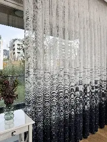 Salon - Siyah Beyaz Çizgili Degrade Geçişli Tül Perde, Fransız Örme Tül