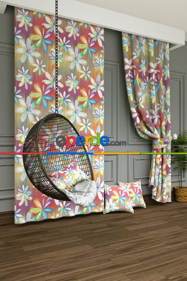 Dökümlü Kumaştan Rengarenk Çiçek Baskılı Fon Perde