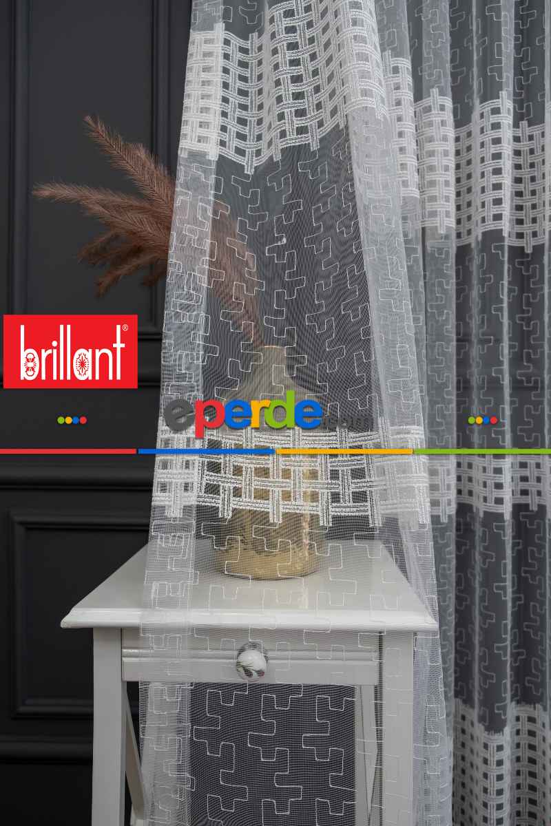 Salon Tül Modelleri - Brillant Kare İşlemeli Kare Desenli Tasarım Tül Perde