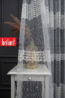 Salon Tül Modelleri - Brillant Kare İşlemeli Kare Desenli Tasarım Tül Perde