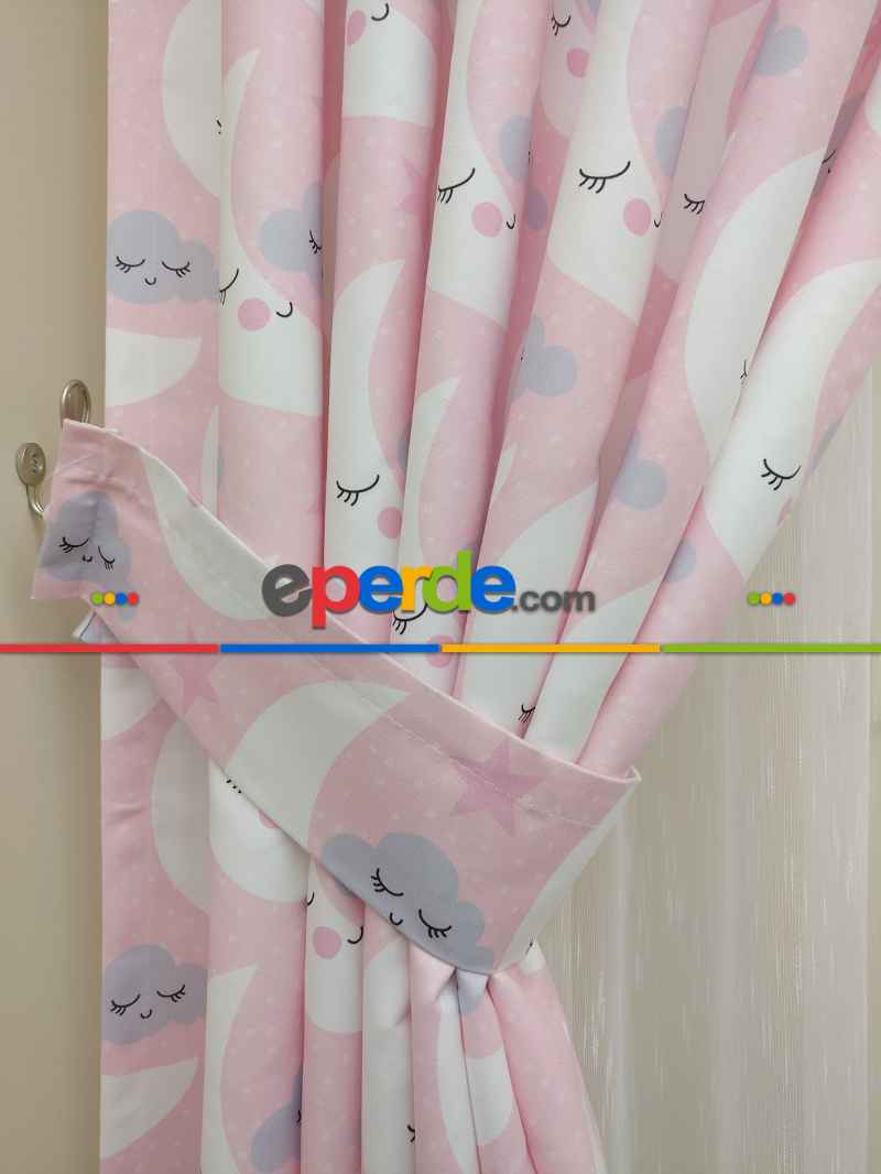 Kız Çocuk Odası Fon Perde - Ay Dede Desenli Fon Perde Modelleri - Pembe Mavi