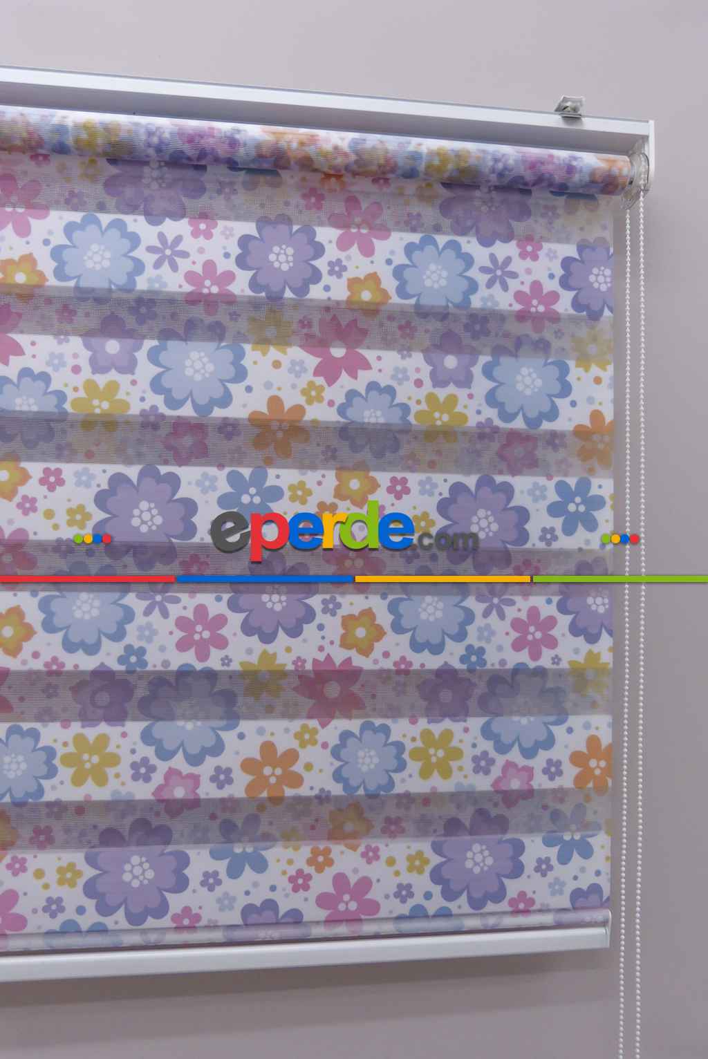 Çiçekli Desen Zebra Perde- Mavi-sarı-pembe