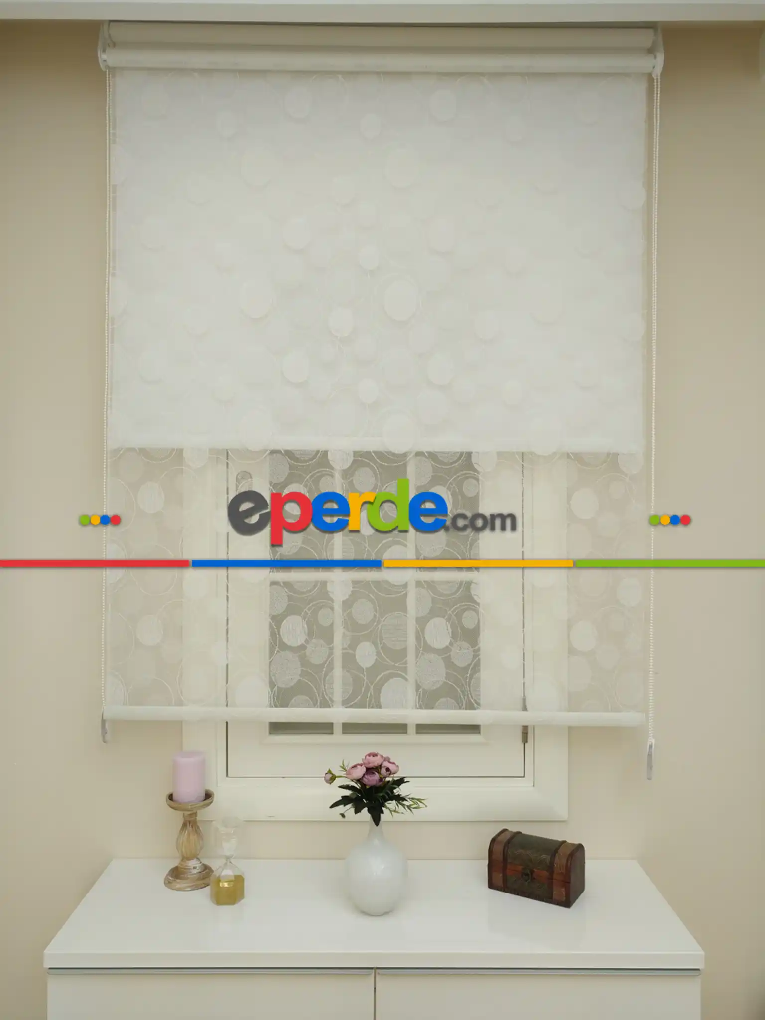 Yatak Odası - Jakar Örme Tül- Ekru Çiftli Sistem Dantel Desenli Perde- Ekru