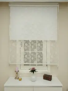 Jakar Örme Tül- Ekru Çiftli Sistem Dantel Desenli Perde- Ekru