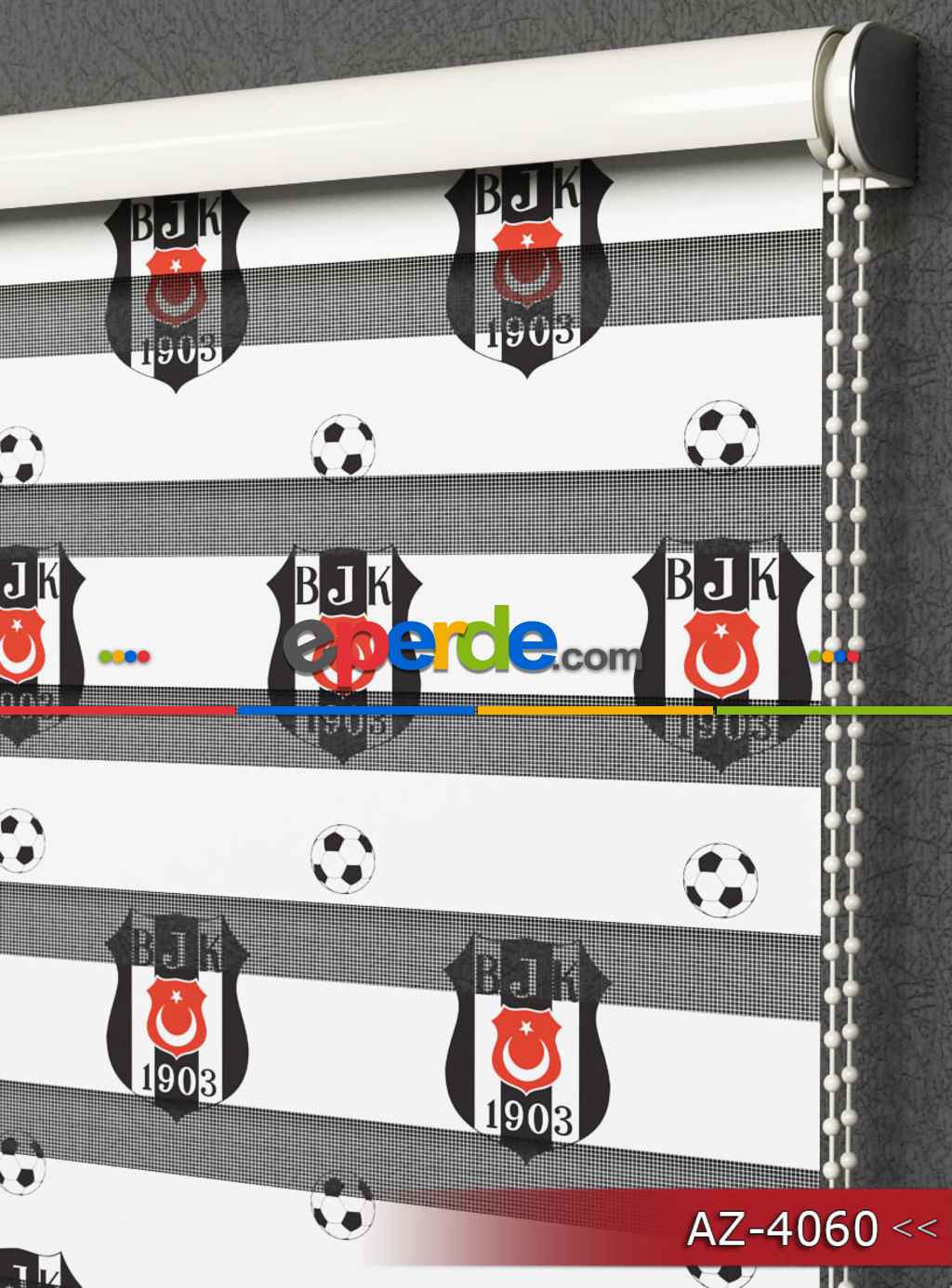 Genç Odası - Taraftar - Beşiktaş Desen Baskılı Zebra Perde- Siyah-kırmızı-beyaz-ekru