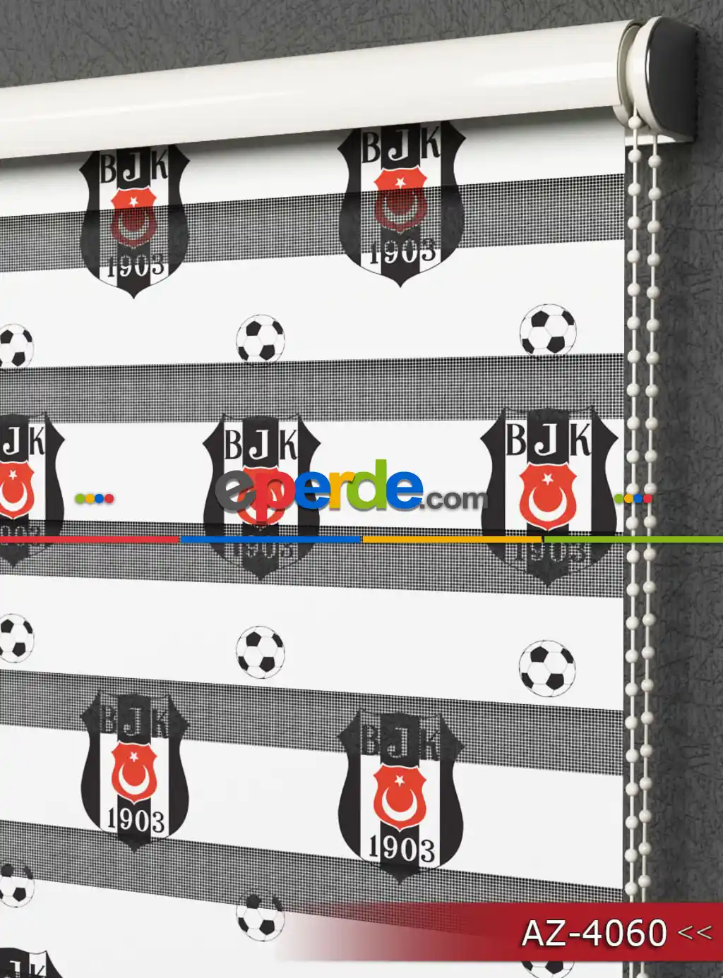 Genç Odası - Taraftar - Beşiktaş Desen Baskılı Zebra Perde- Siyah-kırmızı-beyaz-ekru