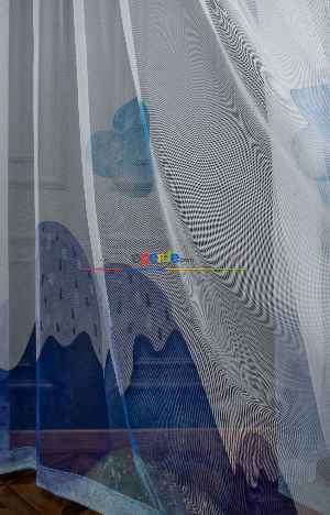 Hazır Ölçülü Petek Zemin Açık Mavi Renkli Dağ Ve Bulut Desenli Grek Baskılı Tül Perde