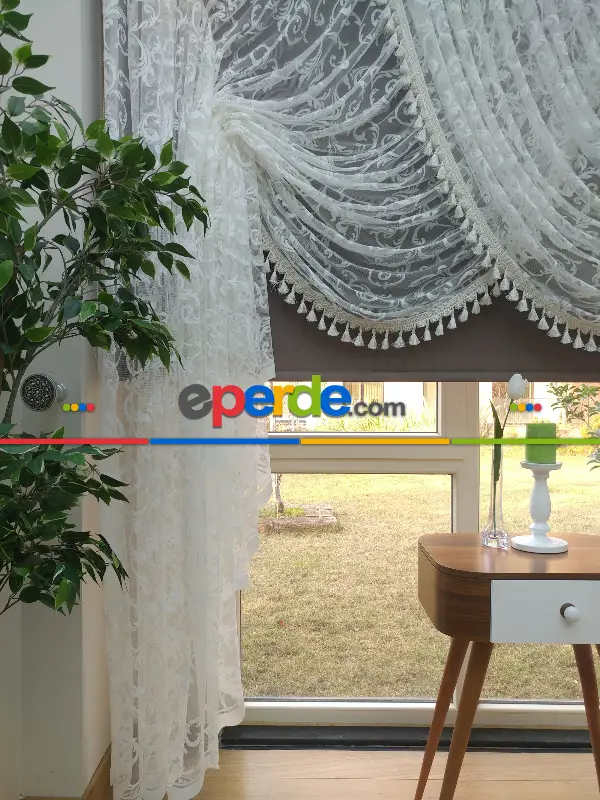 Kruvaze Tül Perde - Saçak Opsiyonel - Örme Zemin- Ekru