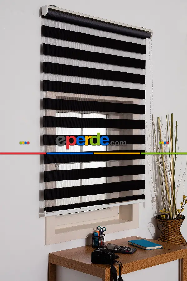 Siyah Bambu Zebra Perde - Siyah