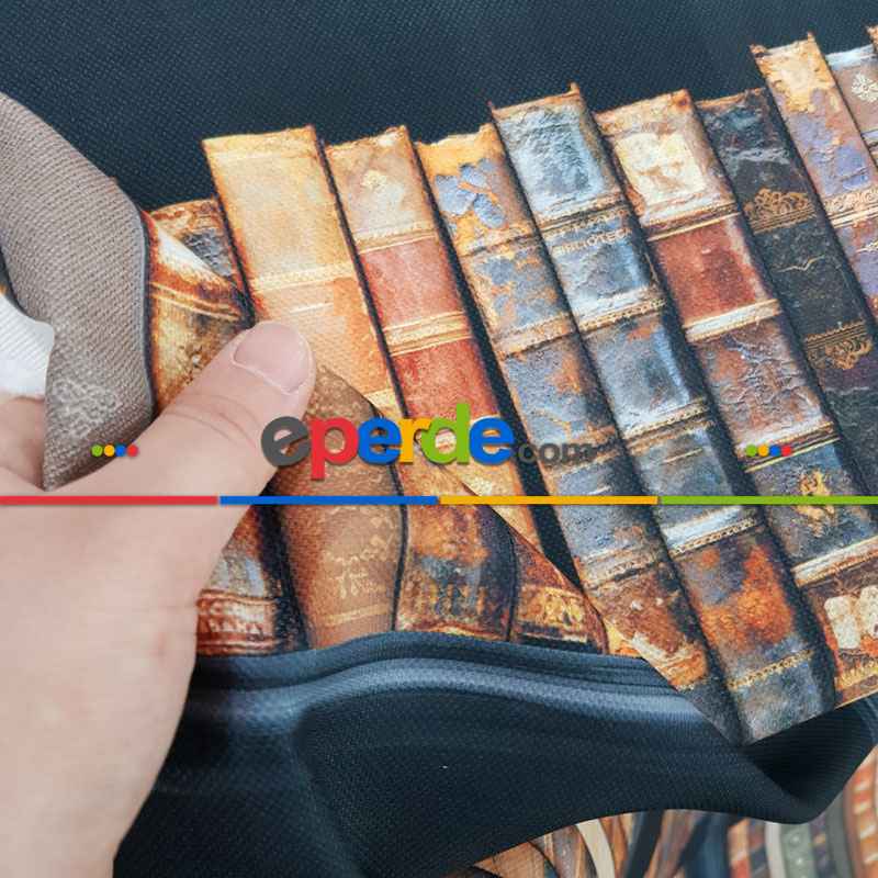 Genç Odası - Kitaplık Desenli Fon Perde Evm1077 Kumaşı Kalındır Duck Bezi Değildir- Kahverengi