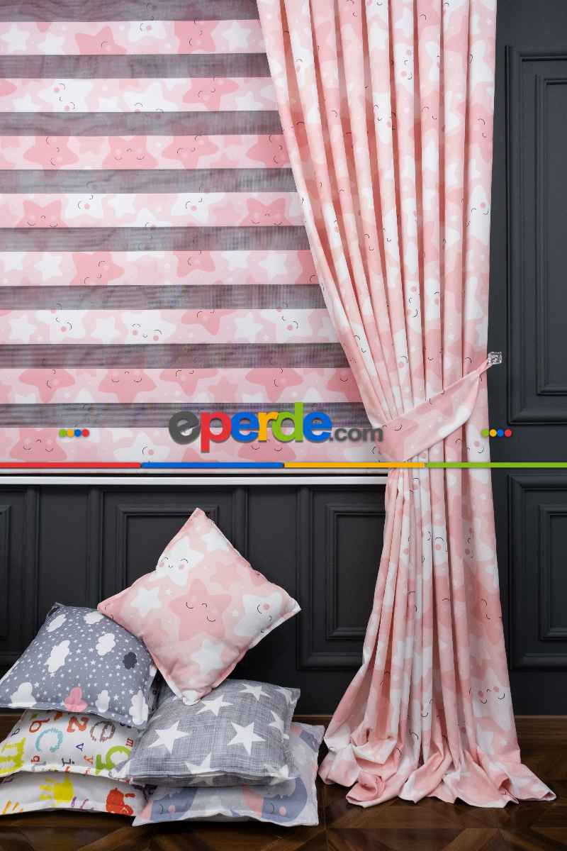 Trend Bebek - Çocuk - Genç Odası Fon Perde Modelleri 2025 (sınırsız En Ölçüsü )- Pembe Açık-pembe Koyu-ekru