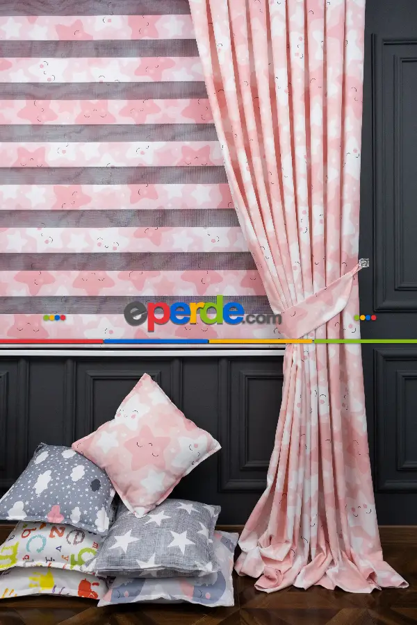 Trend Bebek - Çocuk - Genç Odası Fon Perde Modelleri 2025 (sınırsız En Ölçüsü )- Pembe Açık-pembe Koyu-ekru