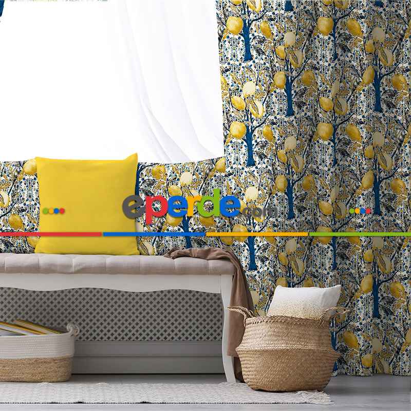 Limon Ağaç Desenli Fon Perde Evim758 Kumaşı Kalındır Duck Bezi Değildir- Mavi-beyaz