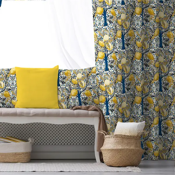 Limon Ağaç Desenli Fon Perde Evim758 Kumaşı Kalındır Duck Bezi Değildir- Mavi-beyaz