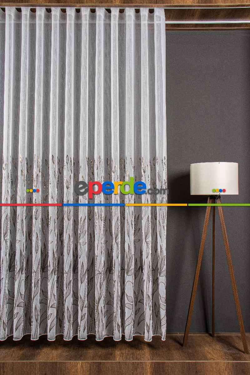 Oturma Odası - Altın/gümüş/bakır Kabartmalı Yaprak Desenli Tül Perde - Armür Dokuma Keten Efektli