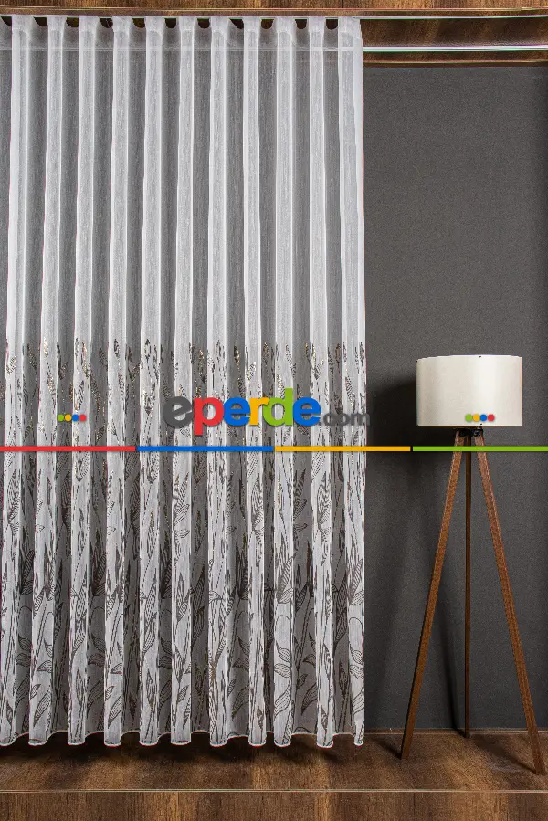 Salon - Altın/gümüş/bakır Kabartmalı Yaprak Desenli Tül Perde - Armür Dokuma Keten Efektli