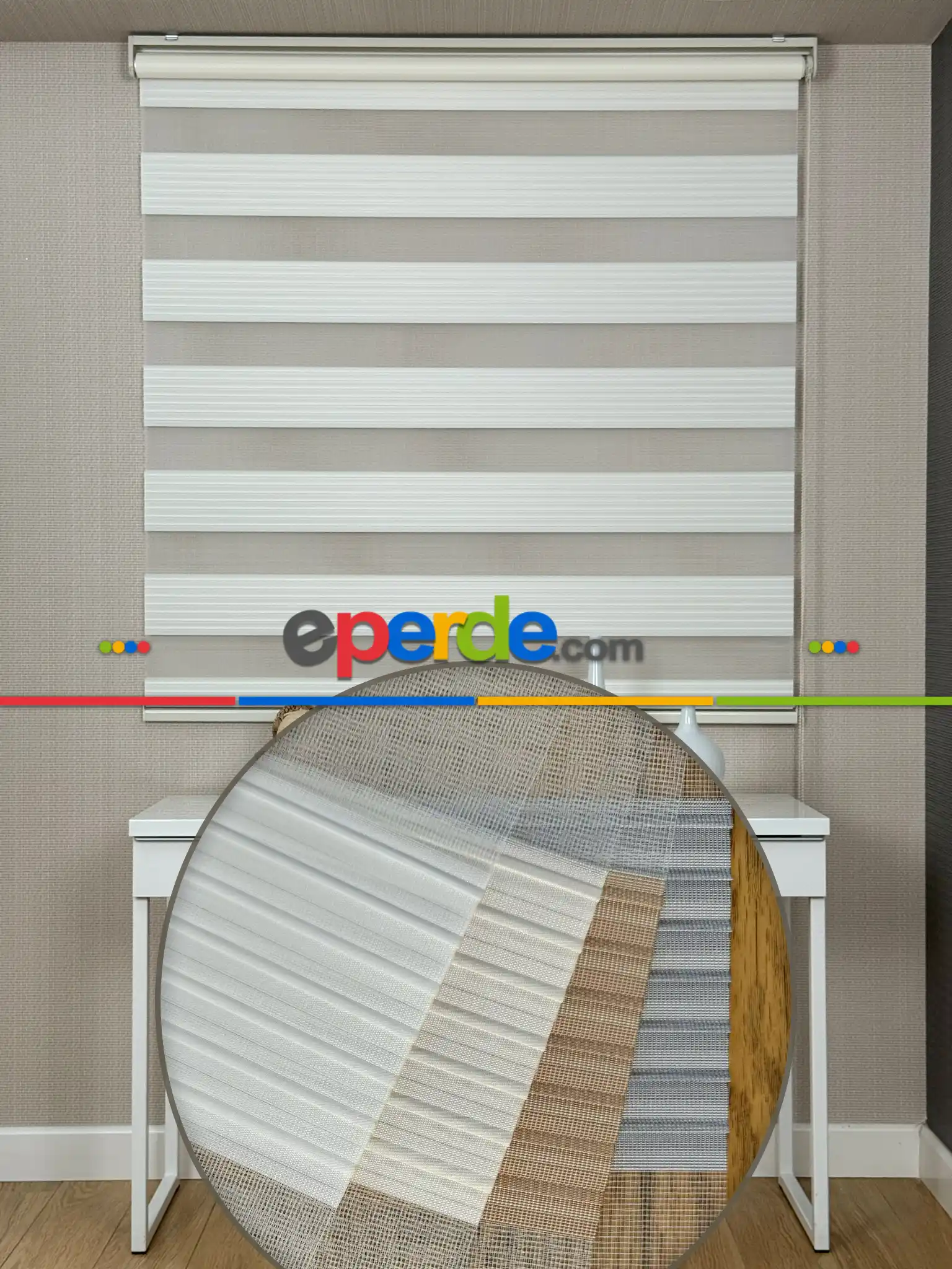 Yatak Odası Krem Pliseli Geniş Zebra Perde, Standart Metal Kasalı Yüksek Kalite Kornişe Kolay Montaj Seçenekli