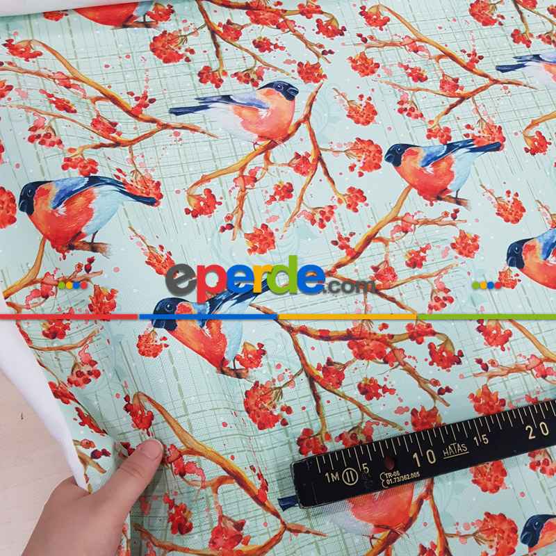 Kuş Ve Çiçek Desenli Fon Perde Evm828 Kumaşı Kalındır Duck Bezi Değildir- Beyaz