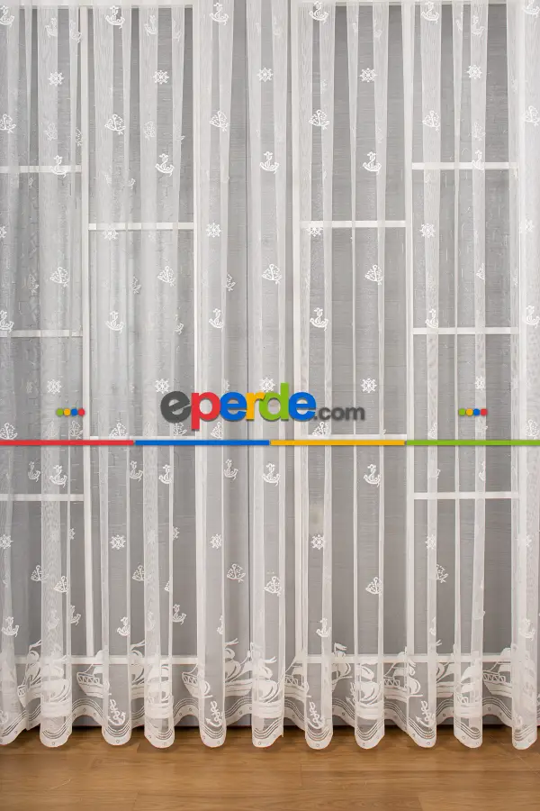 Bebek Odası -  Çocuk Odası Denizci Çapa Desenli Örme Tül Perde