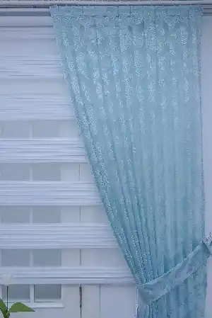 Dantel Damask Desen Tül Fon Perde - Turkuaz- Turkuaz