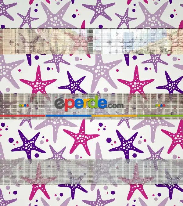 Bebek Odası Zebra Perde - Deniz Yıldızı Baskılı Zebra Perde- Beyaz-Pembe-Mor