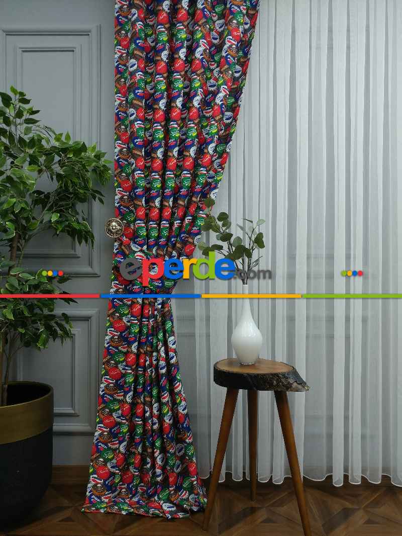 Pop-art Desenli Fon Perde Evm435 -p - Kumaşı Kalındır Duck Bezi Değildir.- Mavi-Kahve-Çok Renkli